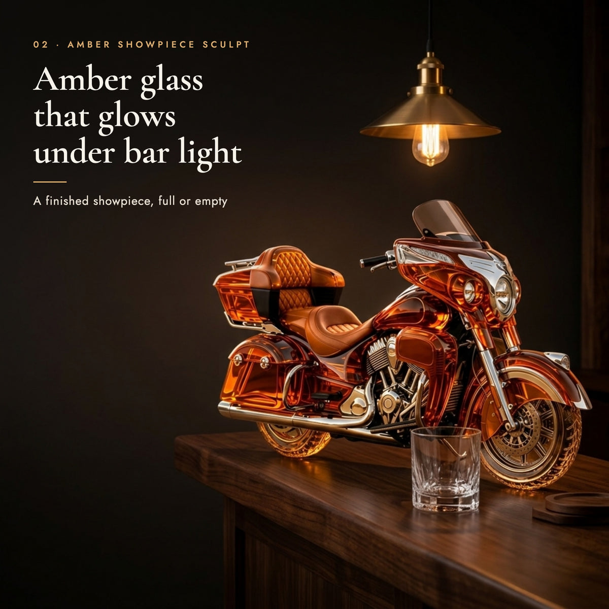 Amber glass motorcycle decanter glowing under a warm bar lamp