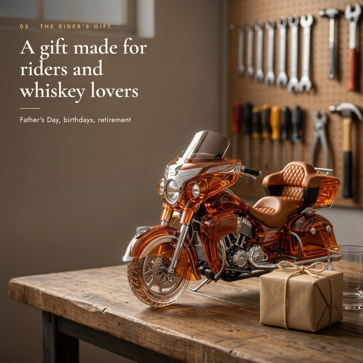 Motorcycle decanter on a gift table in a home garage, wrapped gift beside it