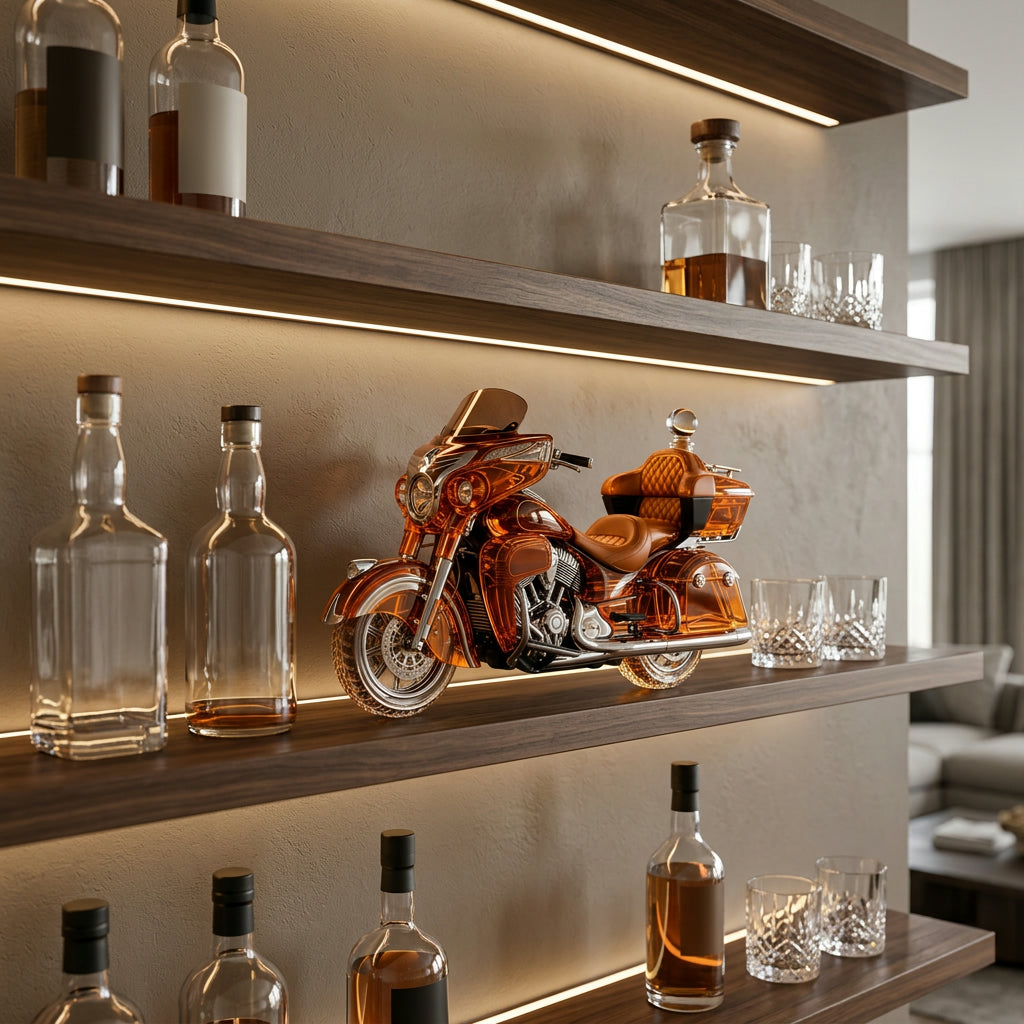 Amber motorcycle decanter on a home bar shelf with glasses and bottles