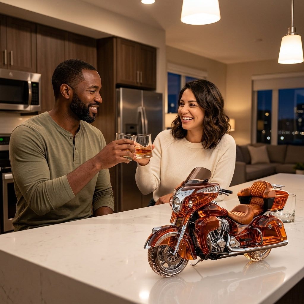 Two friends toasting at a kitchen island next to the motorcycle decanter