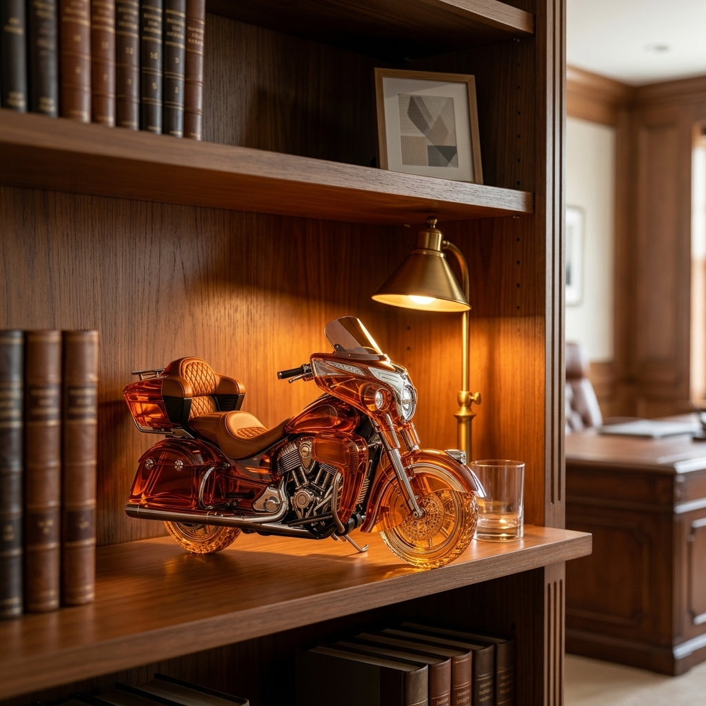 Motorcycle decanter displayed on an office bookcase