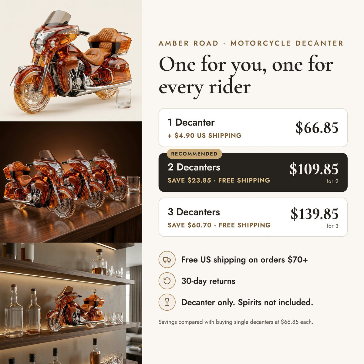 Amber Road decanter offer: 1 for $66.85, 2 for $109.85, 3 for $139.85, free US shipping on 2+, spirits not included