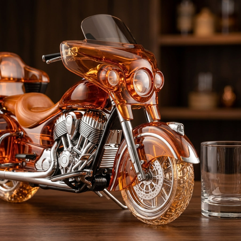 Front fairing, windshield and treaded wheel detail of the amber motorcycle decanter
