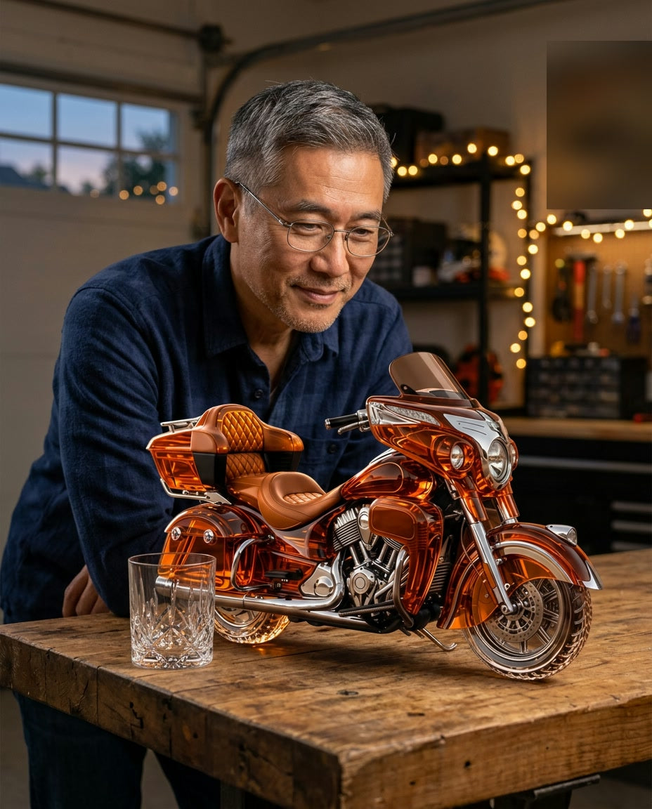 Man admiring the amber motorcycle decanter on a garage workbench