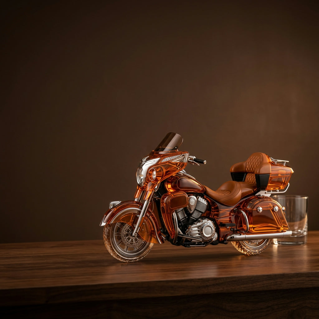 Glass touring motorcycle decanter on a walnut bar top