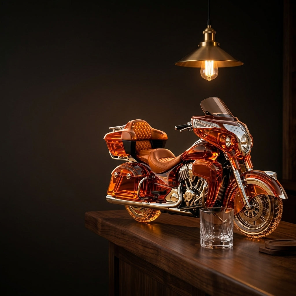 Amber glass motorcycle decanter glowing under a bar lamp