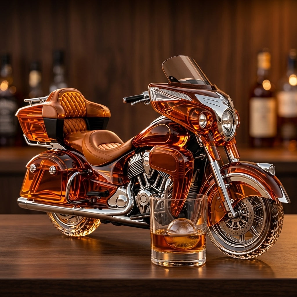 Amber Road motorcycle glass decanter on a walnut home-bar counter beside a rocks glass of whiskey