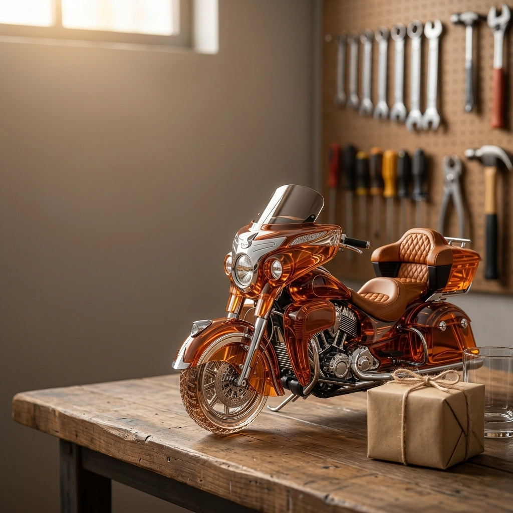 Motorcycle decanter with a wrapped gift in a home garage