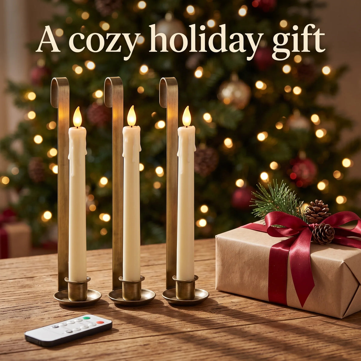 Cabinet candles beside a wrapped holiday gift
