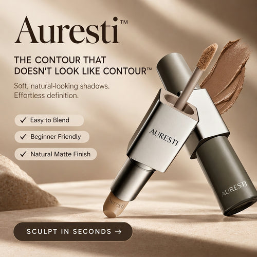 Dual-ended contour stick with silver collar and gunmetal body, cream bullet and doe-foot applicator, on a warm beige stone surface with a tan cream swatch