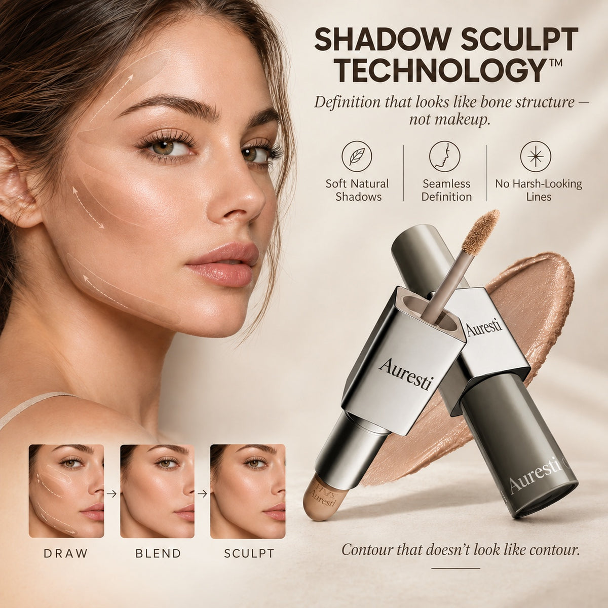 Woman with softly sculpted cheekbones beside the dual-ended contour stick, with a three-step draw, blend and sculpt guide