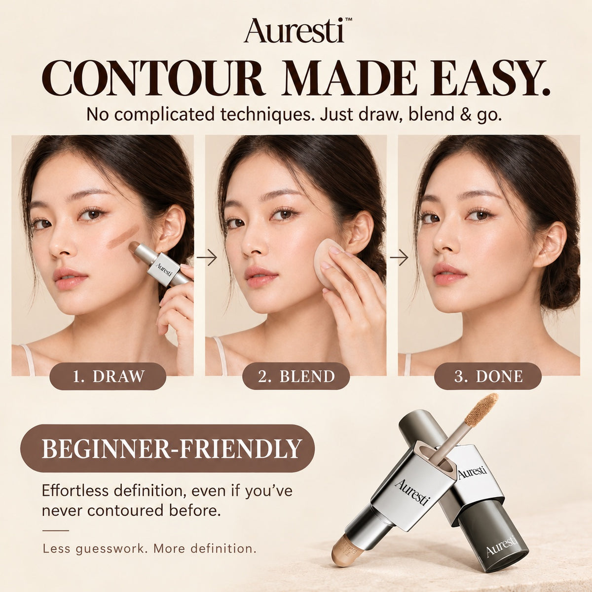 Three-step contour routine: drawing a line on the cheekbone with the stick, blending with a sponge, and the finished soft shadow