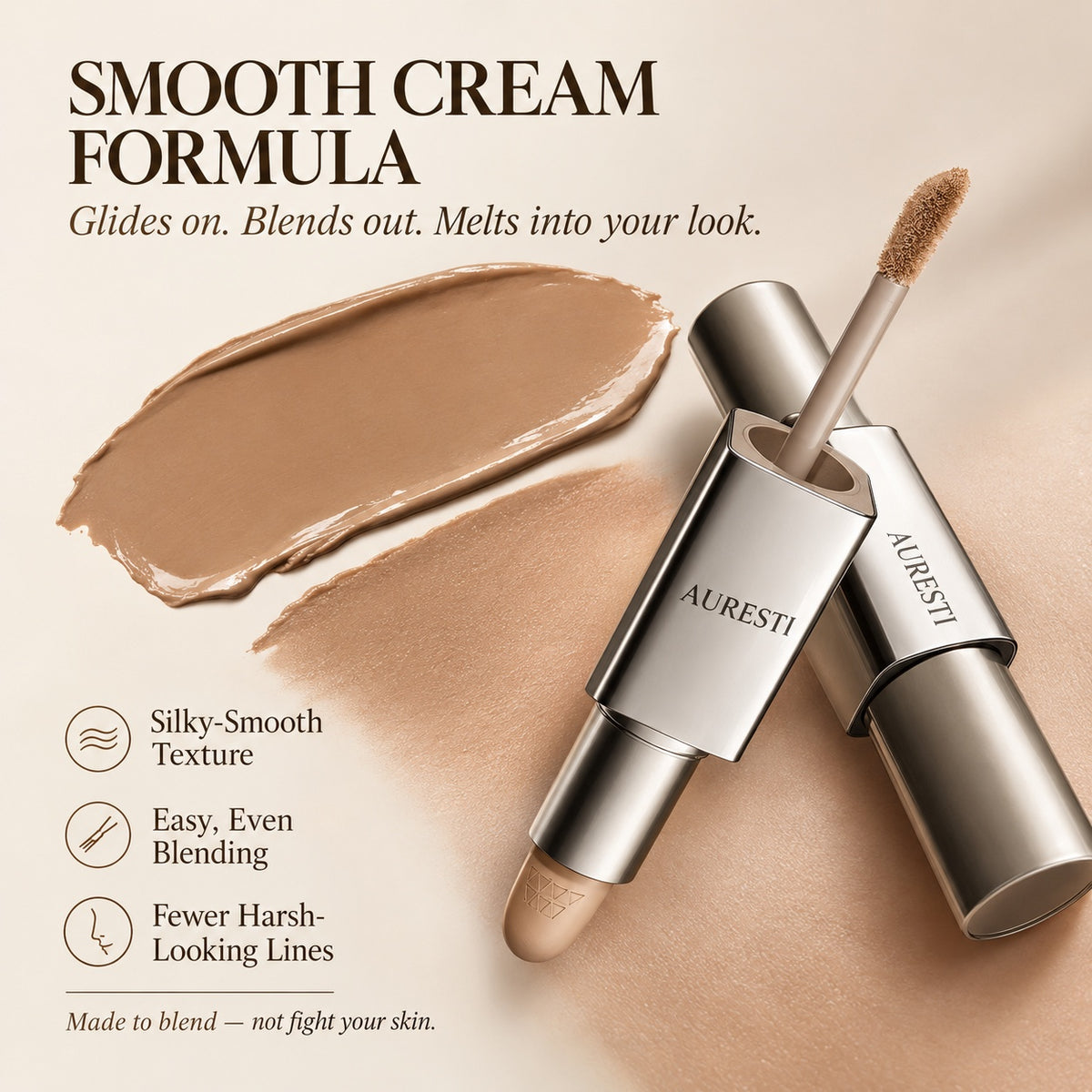 Close-up of the smooth tan contour cream swatch next to the uncapped contour stick