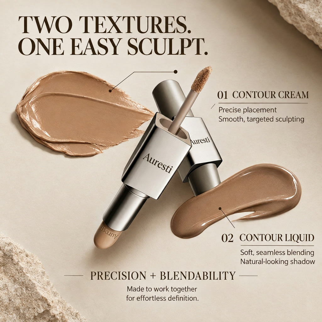 Dual-ended contour stick showing its cream stick end and liquid applicator end with a swatch of each texture
