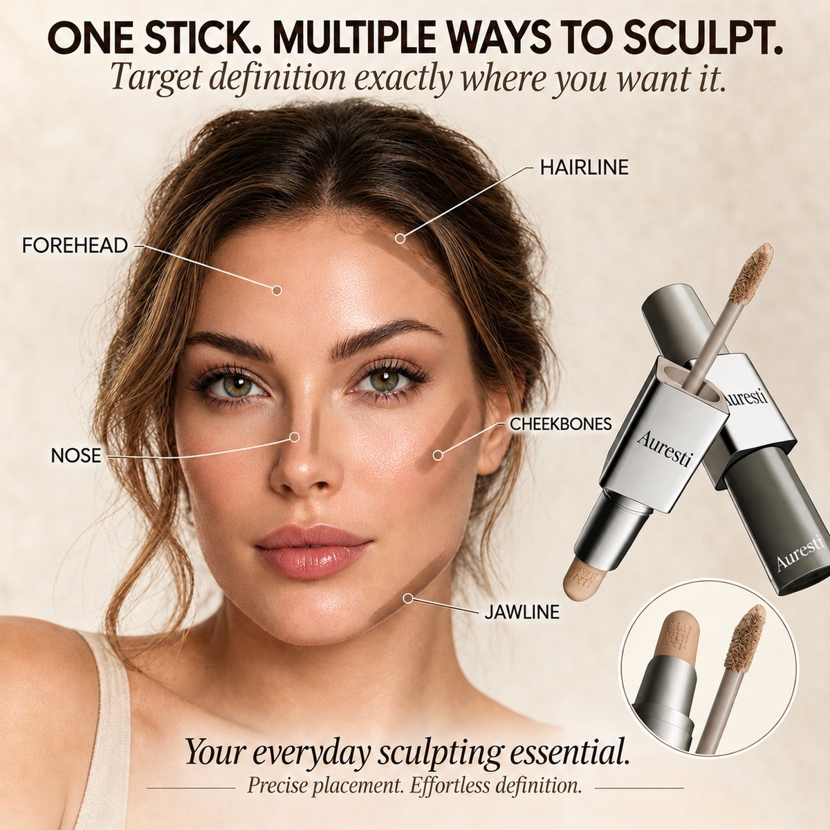 Face map showing where to apply contour: hairline, forehead, nose, cheekbones and jawline, with the dual-ended stick