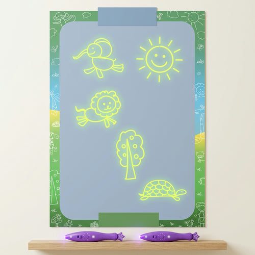 Glow Draw Wall canvas with Safari Friends border and glowing yellow-green animal drawings, two purple light pens