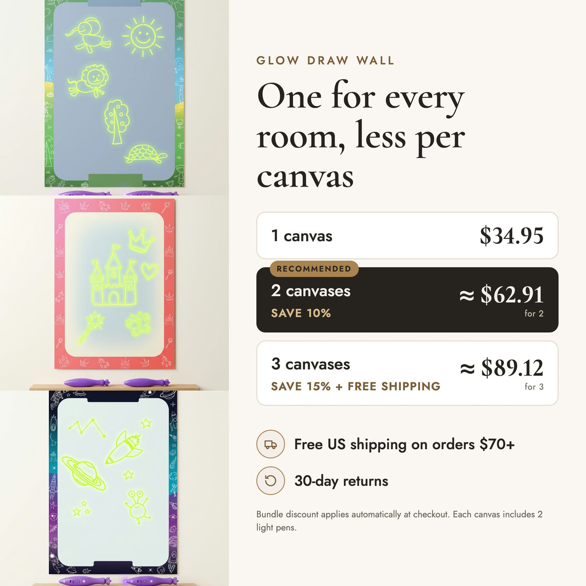 Glow Draw Wall offer: $34.95, save 10% on 2 or 15% on 3, free US shipping on $70+