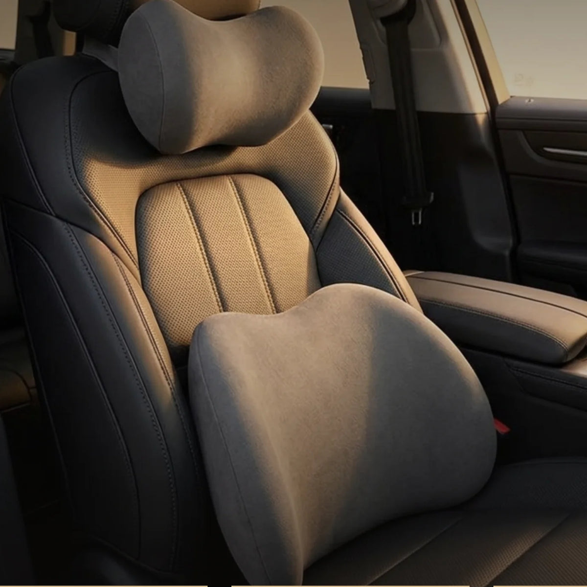 Pillow set on a light leather car seat