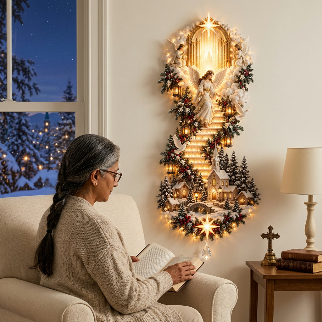 Woman reading in an armchair beside the glowing Angel-style wall hanging