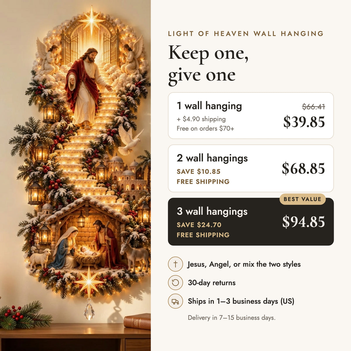 Light of Heaven wall hanging offer: 1 for $39.85 (was $66.41) plus $4.90 shipping, 2 for $68.85 or 3 for $94.85 with free shipping