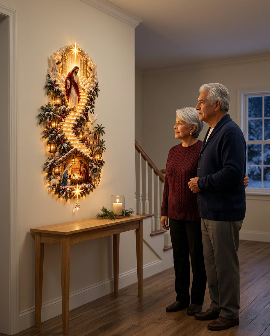 Older couple admiring the glowing Jesus wall hanging in a hallway