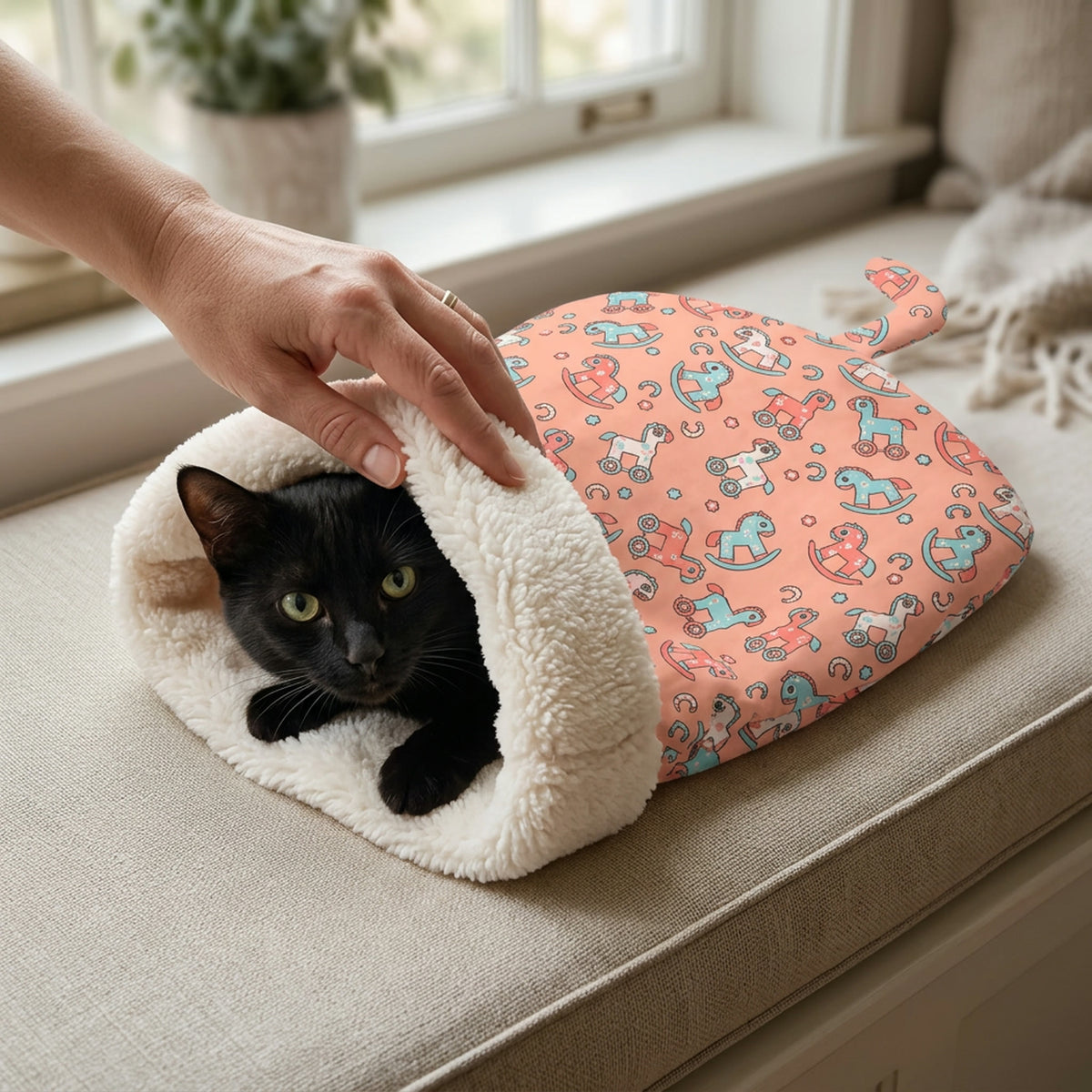 Black cat peeking out of a Coral Pony pet sleeping bag on a window seat
