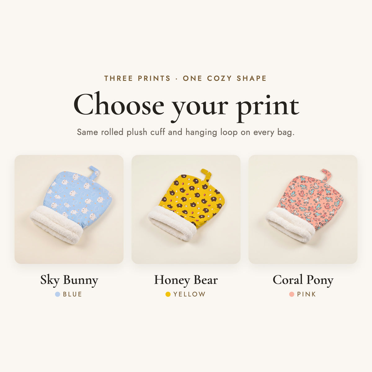 Three pet sleeping bag prints: Sky Bunny, Honey Bear and Coral Pony