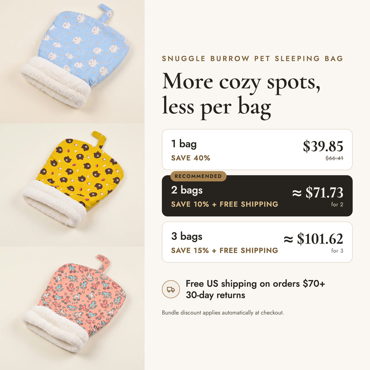 Snuggle Burrow bundle offer: save 10% on 2, 15% on 3, free US shipping on $70+