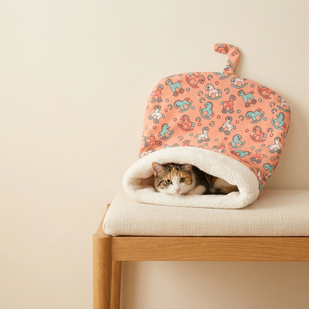 Calico cat in a Coral Pony pet sleeping bag on a bench
