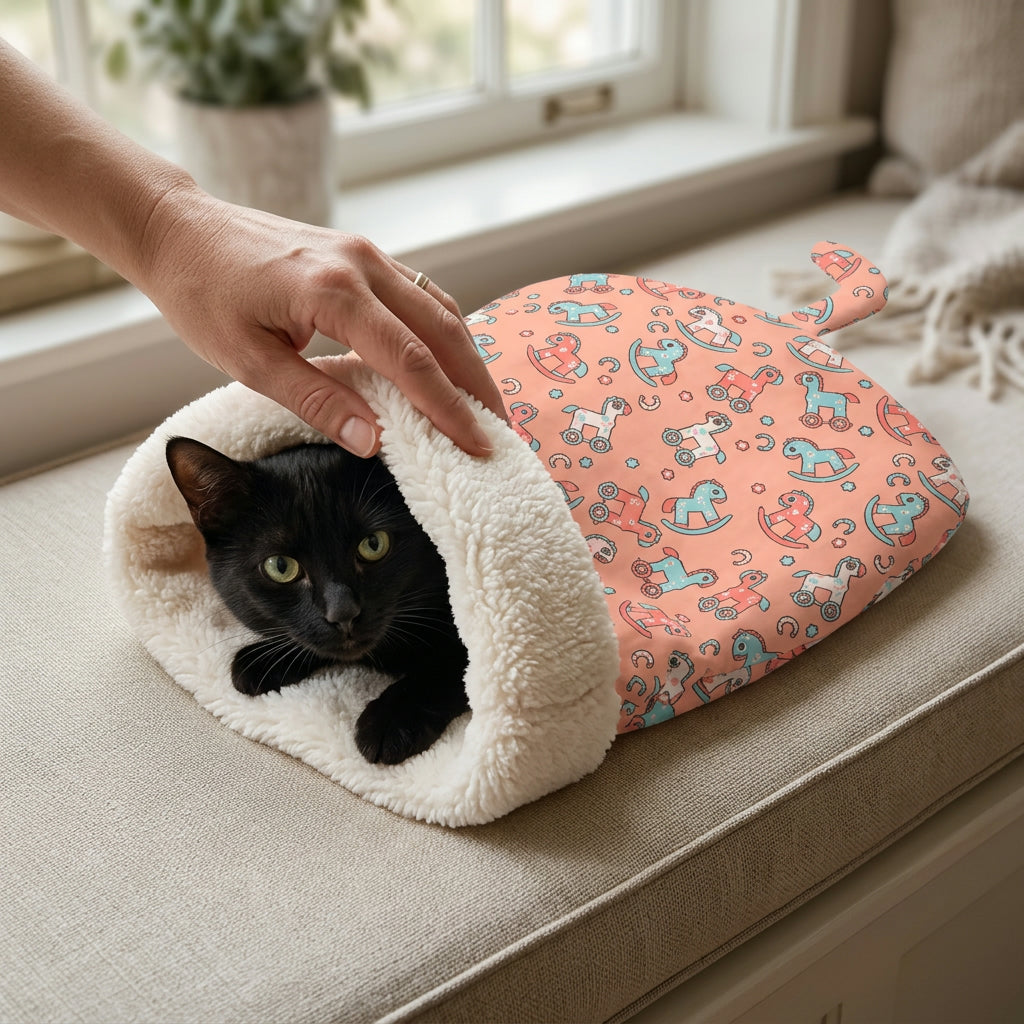 Black cat in a Coral Pony pet sleeping bag on a window seat