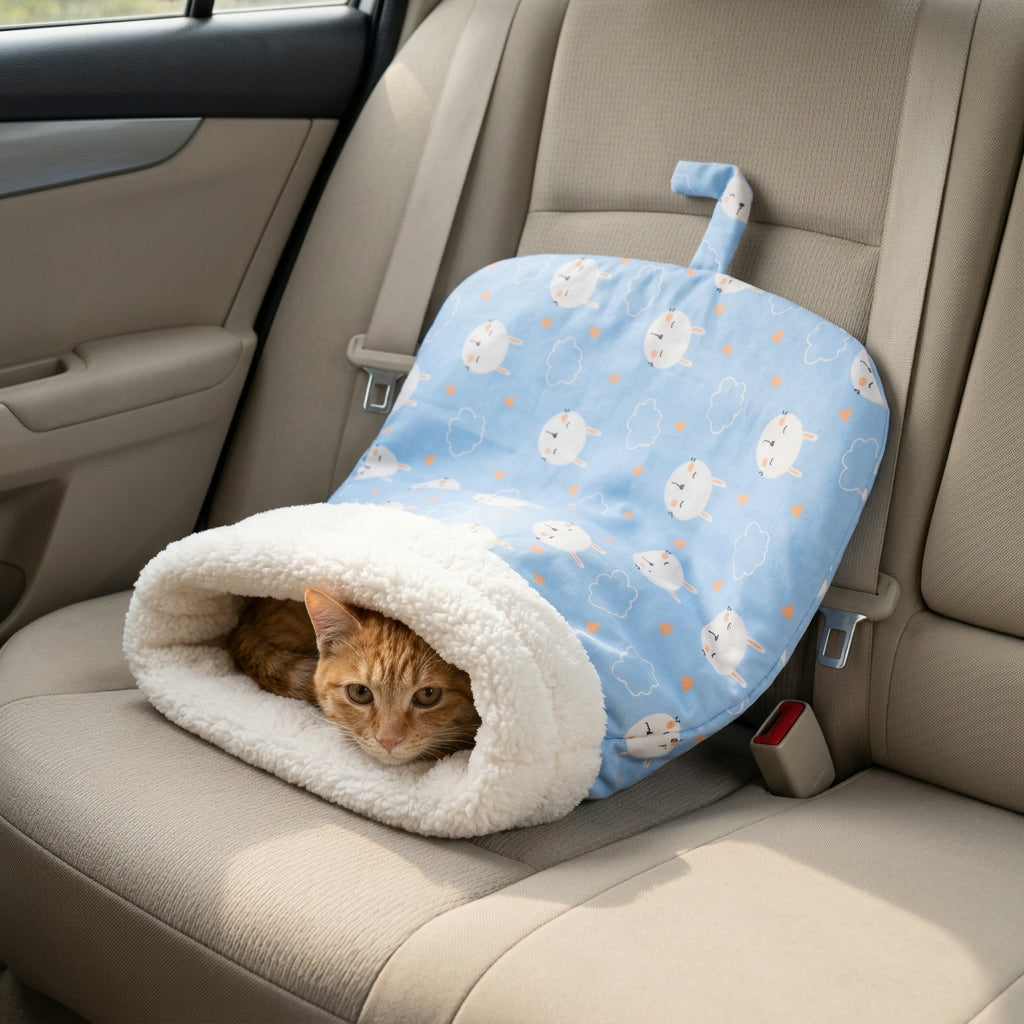 Ginger cat in a Sky Bunny pet sleeping bag on a car back seat