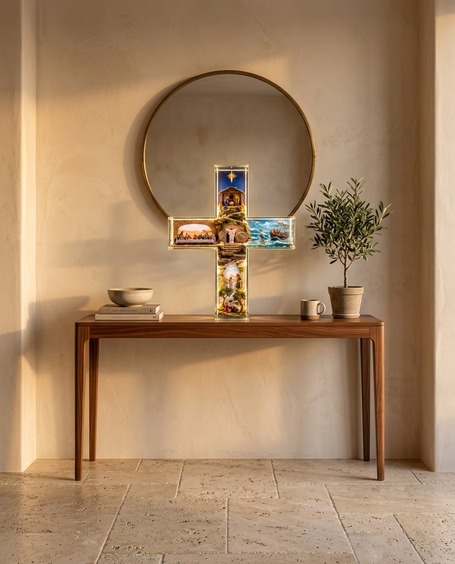 Story of Jesus Light-Up Cross glowing on an entry hall table